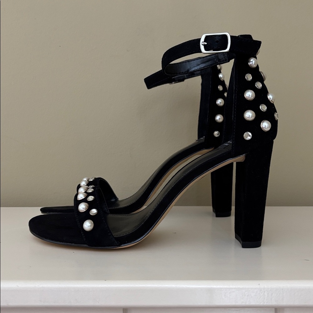 WHBM Mylah Black Suede Embellished Ankle Strap High Heel Sandals